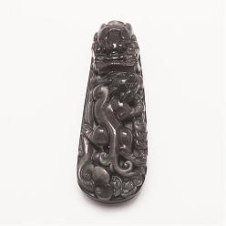 Obsidienne Pendentifs en obsidienne naturelle sculptés, lion, 58x21x12mm, Trou: 2mm