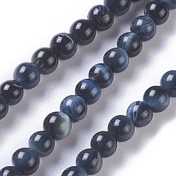 Prussian Blue Natural Tiger Eye Beads Strands, Round, Dyed & Heated, Prussian Blue, 4mm, Hole: 0.8mm, about 108~110pcs/strand, 15.3 inch~15.75 inch(39~40cm)