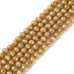 Golden Plated Non-Magnetic Synthetic Hematite Beads Strands, Vacuum Plating, Faceted, Round, Golden Plated, 6mm, Hole: 1mm, about 37~38pcs/strand, 7.9 inch