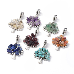 Mixed Stone Antique Silver Plated Alloy European Dangle Charms Sets, Large Hole Pendants, with Natural & Synthetic Gemstone Chip Beads, Tree, 40mm, Hole: 4.8mm, Tree: 28x23.5x5mm, 7pcs/set