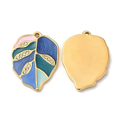 Royal Blue Real 18K Gold Plated 304 Stainless Steel Rhinestone Pendants, with Enamel, Leaf Charms, Royal Blue, 21.5x16x2mm, Hole: 1mm
