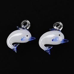 Blue Handmade Lampwork Pendants, Dolphin Charms, Blue, 27~30x23~25mm, Hole: 3~4mm