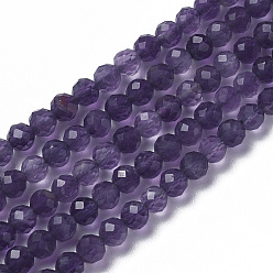 Améthyste Chapelets de perles naturelles améthyste, facette, ronde, 3~3.5x2~3.5mm, Trou: 0.2mm, Environ 120~189 pcs/chapelet, 16.2~16.4 pouce (41.3~41.7 cm)