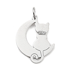 Stainless Steel Color 304 Stainless Steel Pendants, with Jump Ring and Glitter, Stamping Blank Tag, Moon with Cat Charm, Stainless Steel Color, 28.5x19.5x1mm, Hole: 4mm