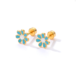 Turquoise Real 18K Gold Plated Stainless Steel Stud Earrings for Women, Daisy Flower, Turquoise, No Size