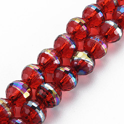Roja Electroplate transparentes cuentas de vidrio hebras, arco iris de color chapada, facetados, rondo, rojo, 10x9.5 mm, agujero: 1.4 mm, sobre 39~40 unidades / cadena, 14.17 pulgada ~ 14.57 pulgada (36~37 cm)