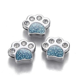 Deep Sky Blue Alloy Enamel Slide Charms, and Crystal Rhinestone, with Glitter Sequin, Platinum Plated, Dog Paw Print, Deep Sky Blue, 12.5x14.5x5mm, Hole: 8.5x1.5mm