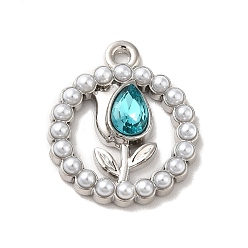 Dark Turquoise Rack Plating Alloy Glass Pandants, Nickel Free, with ABS Plastic Imitation Pearl, Flat Round with Flower Charms, Platinum, Dark Turquoise, 20.5x17.5x4mm, Hole: 2mm