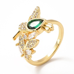 Green Cubic Zirconia Leaf Open Cuff Ring, Real 18K Gold Plated Brass Jewelry for Women, Lead Free & Cadmium Free, Green, US Size 6 1/2(16.9mm)