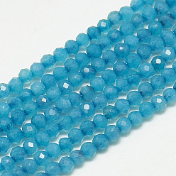Deep Sky Blue Natural White Jade Beads Strands, Faceted, Dyed, Round, Deep Sky Blue, 2~2.5mm, Hole: 0.3mm, about 173~175pcs/strand, 14.9 inch