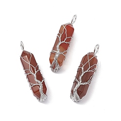 Red Agate Natural Red Agate Copper Wire Wrapped Pendants, Faceted Bullet Charms, Platinum, 49x14.5x11.5mm, Hole: 5mm