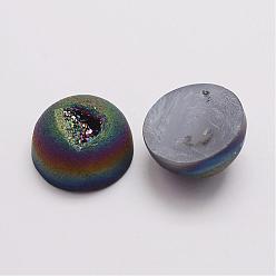 Multi-color Plated Electroplate Natural Geode/Druzy Agate Cabochons, Dyed, Half Round, Multi-color Plated, 10x5mm