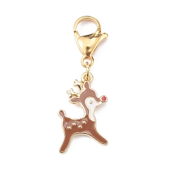Coffee Christmas Theme Alloy Enamel Pendants, with 304 Stainless Steel Lobster Claw Clasps, Christmas Reindeer/Stag/Deer, Coffee, 25mm, Pendant: 20.5x16.5x2mm