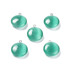 Sea Green Cat Eye Pendants, with Platinum Tone Iron Loops, Flat Round Charms, Sea Green, 23.5x20x7mm, Hole: 1.5mm