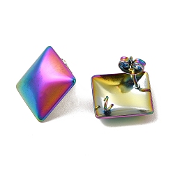 Rainbow Color Ion Plating(IP) 304 Stainless Steel Stud Earrings, with Vertical Loops, Rhombus, Rainbow Color, 20x20mm, Pin: 0.8mm