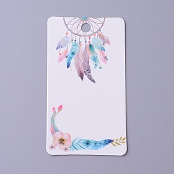 Blanco Cartón pendiente tarjetas de presentación, rectángulo con red tejida / tela y patrón de plumas, blanco, 9x5x0.04 cm, agujero: 1.5 mm