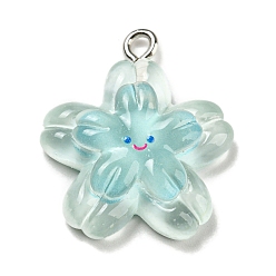 Pale Turquoise Translucent Resin Pendants, Flower Charms, with Platinum Tone Iron Loops, Pale Turquoise, 23x20x6mm, Hole: 1.5mm