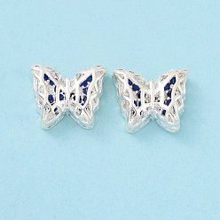 Marine Blue Eco-friendly Brass Cubic Zirconia Multi-Strand Links, Cadmium Free & Lead Free, Butterfly, Silver Color Plated, Marine Blue, 10x12x5mm, Hole: 1.2mm