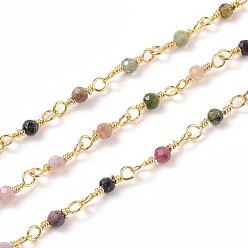 Tourmaline Chaînes de perles naturelles faites main en tourmaline, avec les accessoires en laiton, or, non soudée, ronde, facette, avec bobine, 12x1~1.25mm, perle: 2.5 mm, environ 32.8 pieds (10 m)/rouleau
