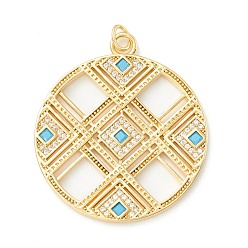 Real 18K Gold Plated Rack Plating Brass Micro Pave Clear & Cyan Cubic Zirconia Pendants, Cadmium Free & Nickel Free & Lead Free, Long-Lasting Plated, Flat Round with Hollow Rhombus, Real 18K Gold Plated, 34x29.5x2mm, Hole: 3.3mm