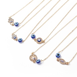 Mixed Patterns Crystal Rhinestone & Resin Evil Eye Pendant Necklace, Gold Plated Brass Jewelry for Women, Mixed Patterns, 15-5/8~15-7/8 inch(39.8~40.2cm)