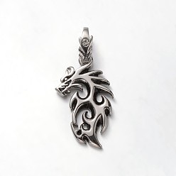 Antique Silver Trendy Vintage 304 Stainless Steel Rhinestone Pendants, Dragon, Antique Silver, 41x23x3.5mm, Hole: 12x7mm
