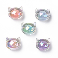 Mixed Color UV Plating Rainbow Iridescent Acrylic Beads, Two Tone Bead in Bead, Cat, Mixed Color, 16x18.5x14.5mm, Hole: 3.5mm