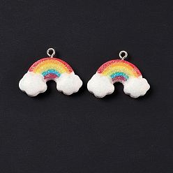 Colorful Opaque Resin Pendants, with Platinum Tone Iron Loops and Glitter Powder, Rainbow with Cloud, Colorful, 22x28x6mm, Hole: 2mm