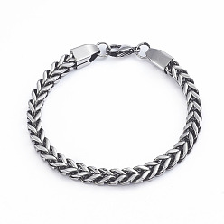 Antique Silver 304 Stainless Steel Wheat Chain Bracelets, with Lobster Claw Clasps, Antique Silver, 8-1/2 inch(21.5cm), 6mm
