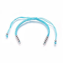 Bleu Ciel Fabrication de bracelets de perles tressées en nylon, avec des perles en laiton, plaqué longue durée, Platine plaqué, bleu ciel, 10-1/4 pouces ~ 11-5/8 pouces (26~29.6 cm)