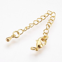Real 18K Gold Plated Brass Chain Extender, with 304 Stainless Steel Lobster Claw Clasps, Cadmium Free & Lead Free, Long-Lasting Plated, teardrop, Real 18K Gold Plated, 68~73x3mm, Hole: 2.5mm, Clasps: 10x6x3mm