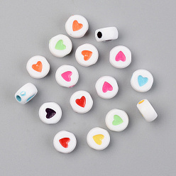Couleur Mélangete Perles acryliques opaques, plat et circulaire avec coeur, couleur mixte, 7x4mm, trou: 1.8 mm, 3800 pcs / 500 g