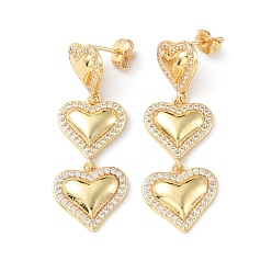 Plaqué 18K Or Véritable Boucles d'oreilles pendantes en forme de cœur avec zircone cubique transparente, bijoux en laiton pour femmes, sans cadmium et sans plomb, réel 18 k plaqué or, 44mm, pin: 0.8 mm