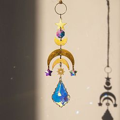 Moon Glass Leaf Big Pendant Decorations, Hanging Suncatchers, with Brass Moon Link for Window Decoration, Moon, 350mm