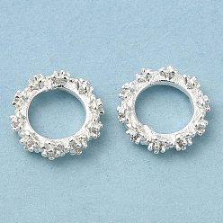 Silver Rack Plating Brass Micro Pave Cubic Zirconia Beads, Long-Lasting Plated, Lead Free & Cadmium Free, Flat Round with Flower, Silver Color Plated, 10x3mm, Hole: 6.2mm