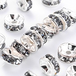 Black Diamond Brass Grade A Rhinestone Spacer Beads, Silver Color Plated, Nickel Free, Black Diamond, 10x4mm, Hole: 2mm