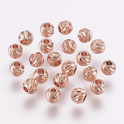 Or Rose Perles de laiton gravés, plaqué longue durée, ronde, Véritable rose or plaqué, 3.5~4x3mm, Trou: 2mm
