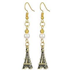 Negro Pendientes colgantes de aleación de esmalte de la Torre Eiffel con cuentas de perlas de imitación, Pendientes largos dorados con pasadores de hierro., negro, 64x9 mm