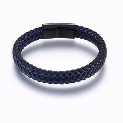 Черный Цвет Металла Кожаные браслеты плетеного шнура, с нейлоновой и 304 магнитной застежкой из нержавеющей стали, прямоугольные, металлический черный , 8-5/8 дюйм (22 см), 12x6 мм