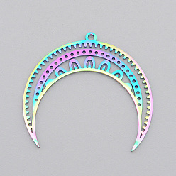 Rainbow Color Ion Plating(IP) 201 Stainless Steel Pendants, Laser Cut, Moon, Rainbow Color, 31x34x1mm, Hole: 1.6mm