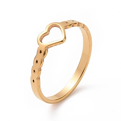Golden Ion Plating(IP) 201 Stainless Steel Hollow Heart Finger Ring for Valentine's Day, Golden, 2~6mm, Inner Diameter: 17mm