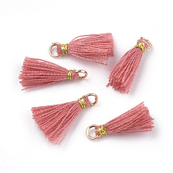 Pale Violet Red Polycotton(Polyester Cotton) Tassel Pendant Decorations, Mini Tassel, with Iron Findings and Metallic Cord, Light Gold, Pale Violet Red, 10~15x2~3mm, Hole: 1.5mm