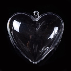 Clair Pendentifs en plastique transparent ouvrables, Boule de Noël en plastique remplissable, cœur, clair, 63x65x36.5mm, Trou: 3mm