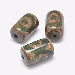 Dark Olive Green Tibetan 3-Eye dZi Beads , Natural Agate Beads, Dyed & Heated, Column, Dark Olive Green, 20~25x13~16mm, Hole: 2.5~3mm