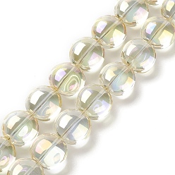 Champagne Yellow Transparent Electroplate Glass Bead Strands, Rainbow Plated, Flat Round, Champagne Yellow, 12x8mm, Hole: 1.2mm, about 50pcs/strand, 24.41''(62cm)