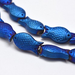 Plaqué Bleu Pleins plaqués galvanoplastie dépoli perles de poissons de fils de verre, bleu plaqué, 15x8x5mm, Trou: 1mm, Environ 30 pcs/chapelet, 16 pouce
