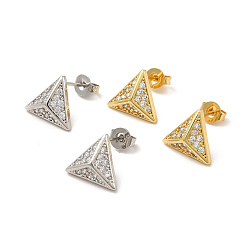 Mixed Color Rack Plating Brass Micro Pave Clear Cubic Zirconia Triangle Stud Earrings, Long-Lasting Plated, Lead Free & Cadmium Free, Mixed Color, 10x11mm, Pin: 0.7mm