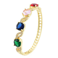 Colorful Cubic Zirconia Flat Round & Leaf Hinged Bangle, Real 18K Gold Plated Brass Jewelry for Women, Colorful, Inner Diameter: 2x2-3/8 inch(5.2x6cm)