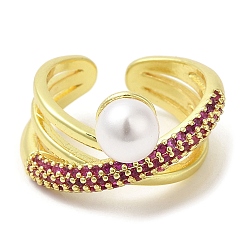 Средний Фиолетово-красный Открытое кольцо-манжета с кубическим цирконием и пластиковыми жемчужными бусинами, золотые латунные кольца, средне фиолетовый красный, внутренний диаметр: 17 мм