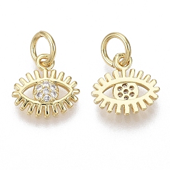 Real 18K Gold Plated Brass Micro Pave Cubic Zirconia Charms, with Jump Ring, Nickel Free, Eye, Clear, Real 18K Gold Plated, 9.5x9.5x2mm, Hole: 3mm